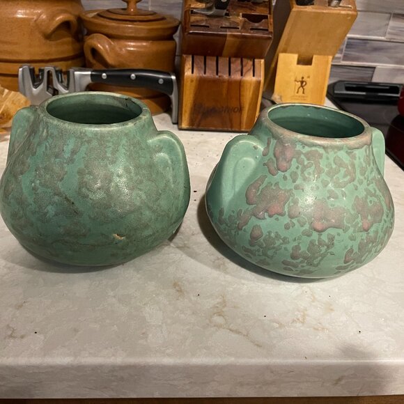 Folk Art Pottery Brush McCoy Vellum Green Glaze Fawn Vases - Pair - Picture 1 of 7